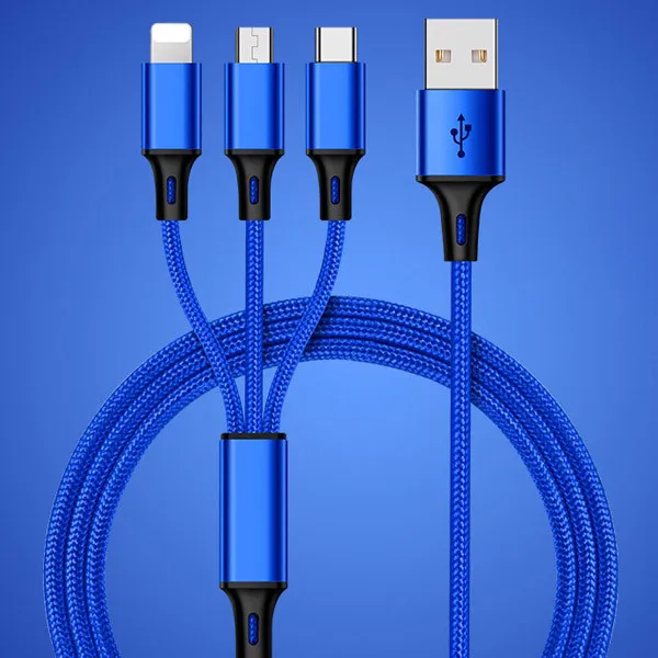 NOHON нейлон 3 в 1 Micro usb type-C зарядное устройство кабели для samsung Xiaomi освещение зарядный кабель 8 Pin для iPhone 7 8 6S Plus X XS - Цвет: Синий