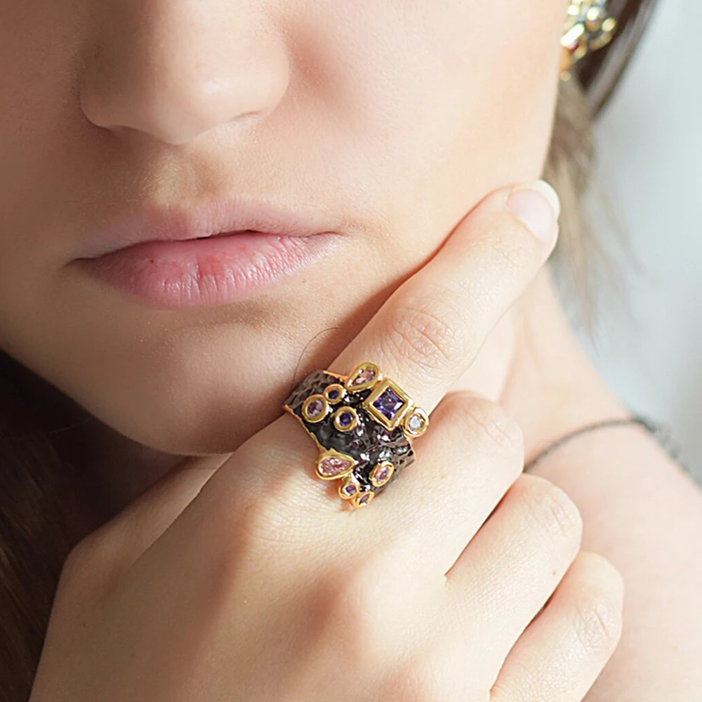 Роскошное вечернее кольцо черного и золотого цвета с фианитом AAA|luxury ring|party blackring