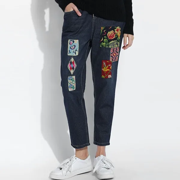 Plus Size New Women Fashion Slim Embroidery Elastic Waist Casual Patchwork Jeans
