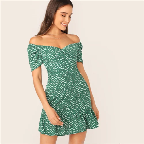 SHEIN Green Off фиксатор для плеча спереди гофрированный подол Ditsy цветочный мини-платье женские летние пышные рукава с высокой талией в стиле бохо тонкие платья - Цвет: Зеленый