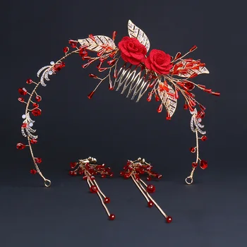 

3pcs/Set 2018 New Handmade Red Flower Bridal Rhinestone Headpiece Leaf Head Piece Wedding Hair Jewelry For Bridesmaid Bride Comb
