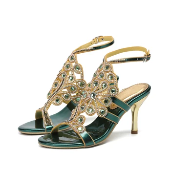 

2019 Summer Green Crystal Vine Pattern Sandals Non-slip Joker Fashion Stiletto High Heels Wedding High Heels