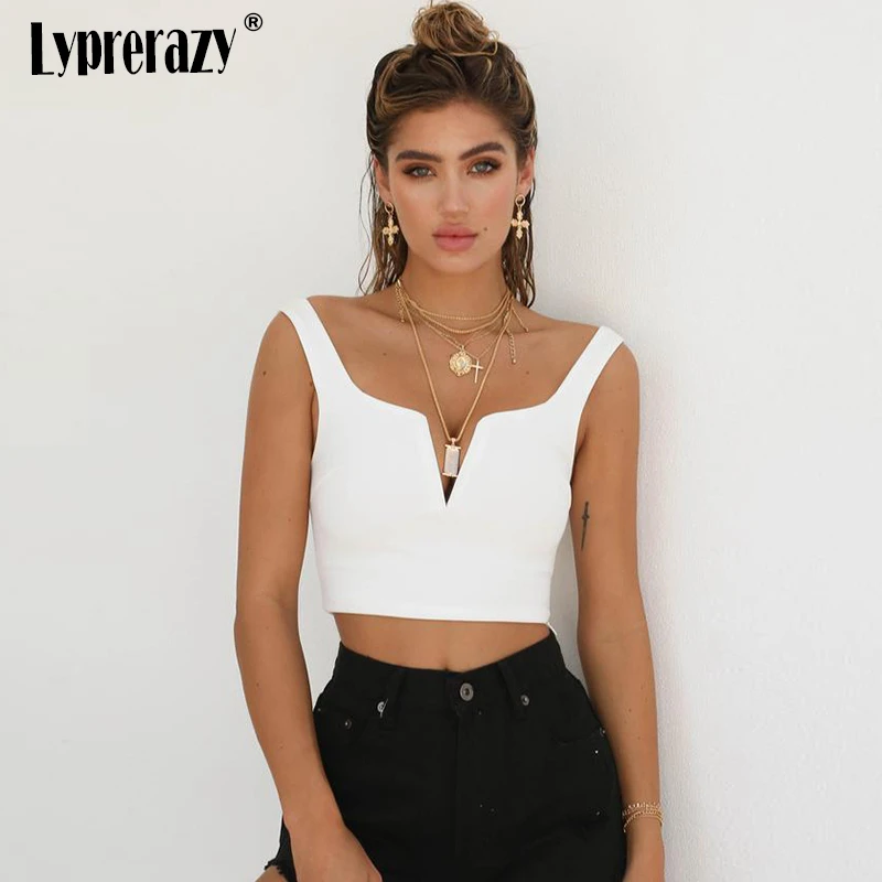 

Lyprerazy Women white strap short tank tops Female red sleeveless party club Deep v neck winter sexy crop top cropped camis