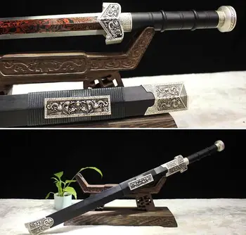 

79CM*Battle Ready Double Edge Sharp Chinese Sword Red Folded Pattern Steel Full Tang Ebony Wood Saya Han Jian