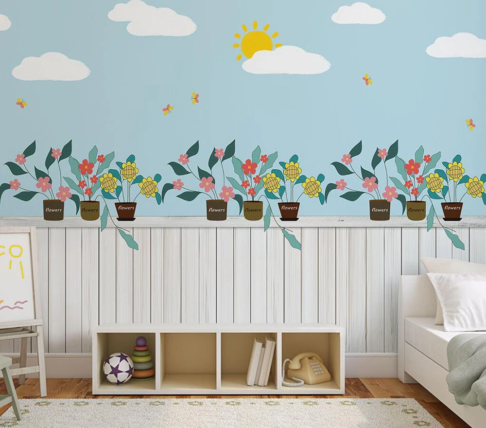 

Custom wallpaper Creative garden fence cartoon potted background wall