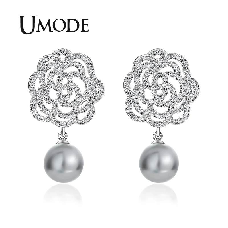 

UMODE 2019 New White&Gray Pearl Flower Drop Earring for Women White Gold Paved CZ Crystal Jewelry Geometric Zircon Gift AUE0471B