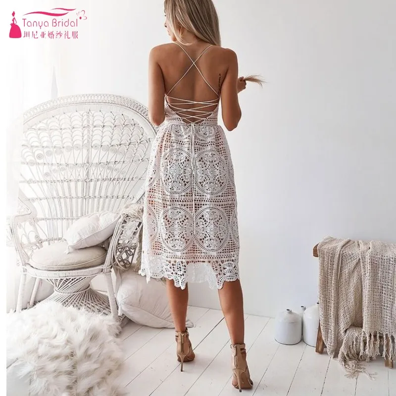 Коктейльные платья robe de Soiree цвета слоновой кости с кружевами, новая мода, v-образный вырез, длина по колено, сексуальные вечерние платья для девушек