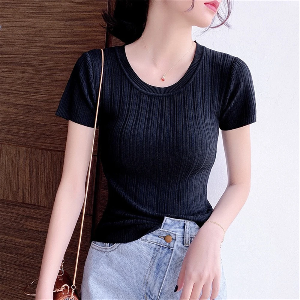 Women s Summer Knitted Ball Sweater Solid Color Cotton Round Neck Short Sleeve Fashion Elastic Striped Girl Sweet Slim T-Shirt