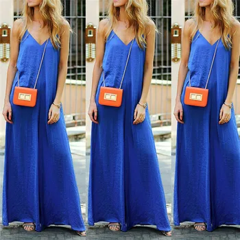 

New Women Fashion Sleeveless Blue Jumpsuit Romper Ladies Summer Beach Casual Solid Color Casual Loose V Neck Jumpsuits