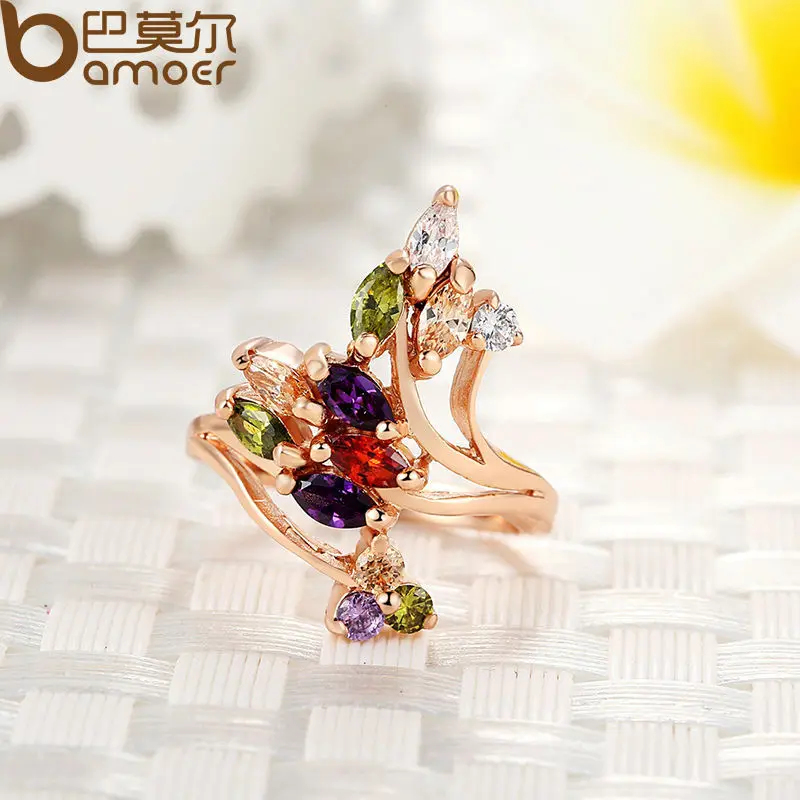 BAMOER Высокое качество золото цвет палец кольцо для женщин вечерние с AAA цветной, с кубическим Цирконом известный бренд ювелирные изделия JIR048