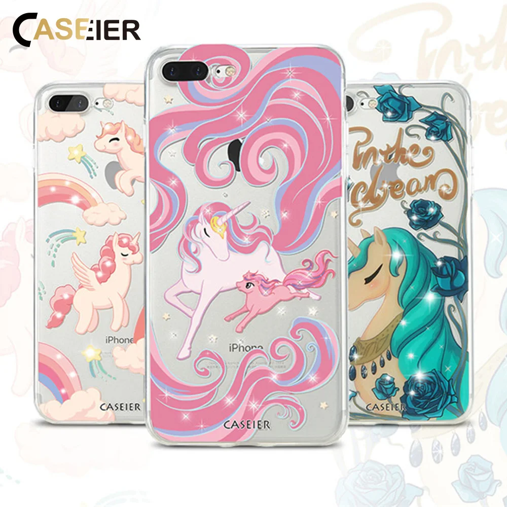 

CASEIER For iPhone 8 Case Cartoon Unicorn Inter Rhinestones For iPhone 7 & 7 Plus Cases Transparent Soft TPU Slim Fashion Case