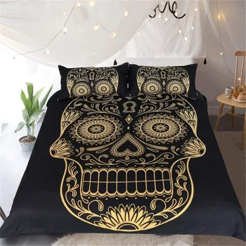 

3D Skull Duvet Cover Set by Golden Scary Skull Figure Print Bedroom Decorative 3 Pcs Bedding Set