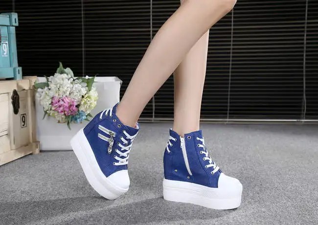 Fashion Autumn High Heel Casual Shoes Canvas Women Shoes Lace-Up Breathable Women Sneakers Zipper Platform Ladies Shoes Women