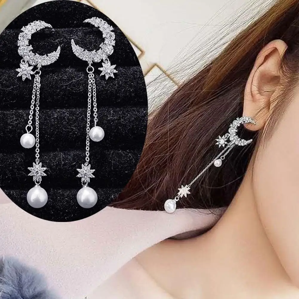 

Fashion Stars Moon Faux Pearl Rhinestone Long Chain Dangle Earrings Jewelry 1