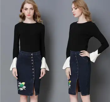 

2018 spring new plus size S-6XL women's embroidery denim skirt split sexy tight skirt