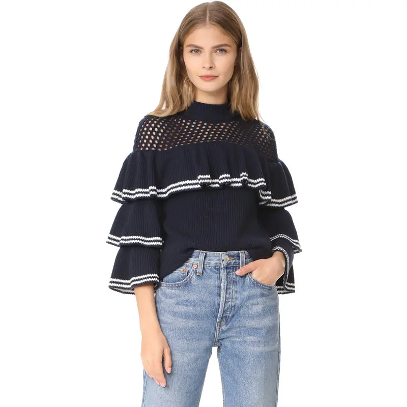 

2018 fashion Women Pullovers Self Portrait Cutout Ruffles Frill Layers Flare sleeve Thick Knit Sweaters Tricot Tops
