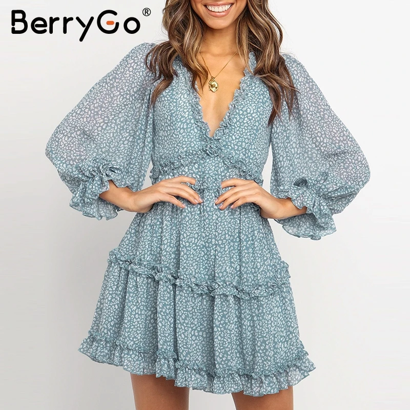 BerryGo Boho цветочный принт женское платье сексуальное v образный вырез открытая
