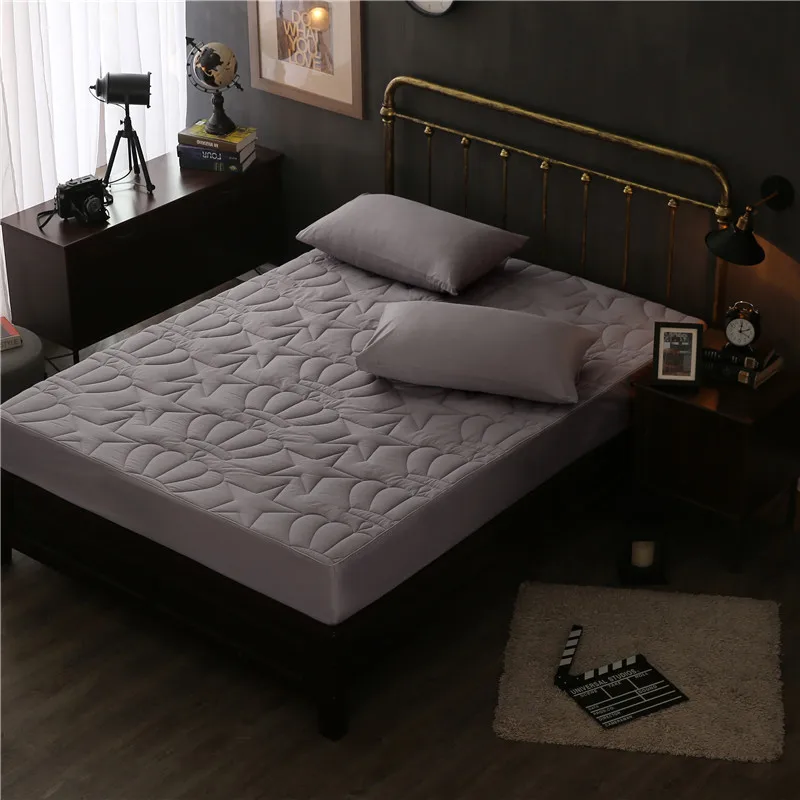 

Silver Gray Solid Crown Star Pattern Quilting 3pcs 100% Cotton Fitted Sheet Stripe Mattress Cover Four Corners With Elastic