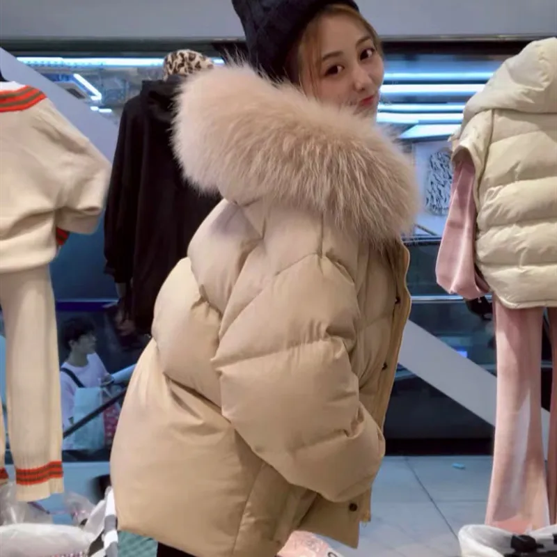FTLZZ зимние белые куртки-пуховики для женщин большой натуральный мех енота пальто с капюшоном корейский стиль парки Утепленная зимняя верхняя одежда