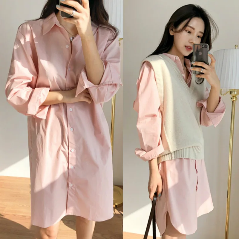 

Women Summer Shirt Dress Single Breasted Straight Long Sleeve Vestidos Pink Plus Size Casual Robe Femme Jurken