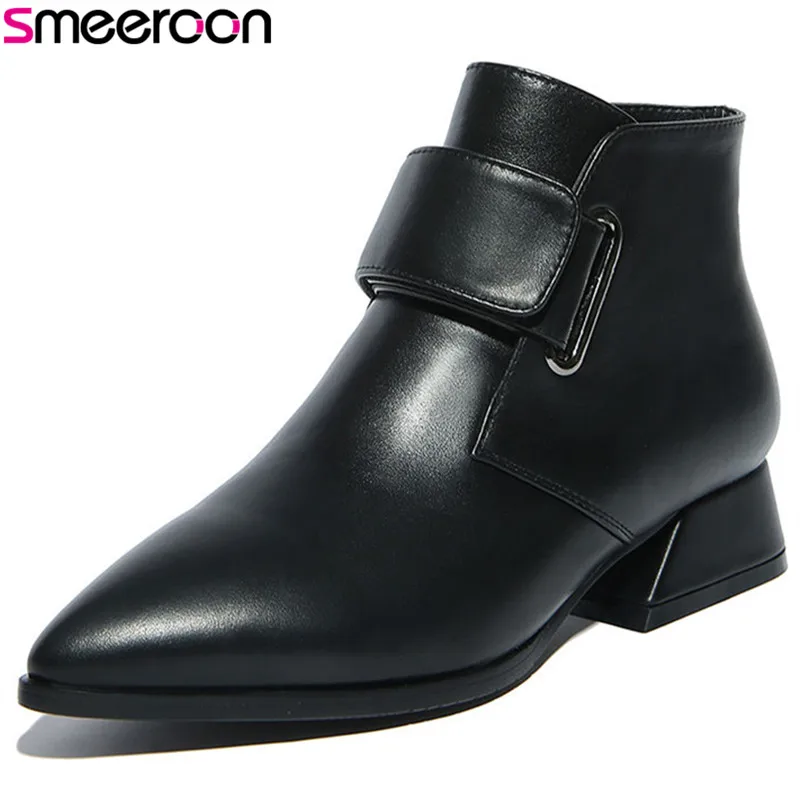 

Smeeroon popular autumn winter boots for women cow genuine leather boots med heels ankle boots pointed toe party shoes