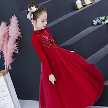 Рождественское Красное длинное платье для девочек, элегантное детское платье с длинными рукавами для девочек, Vestido,, китайская одежда для девочек 6, 8, 10, 12, 14, 16, 17 лет, 185020