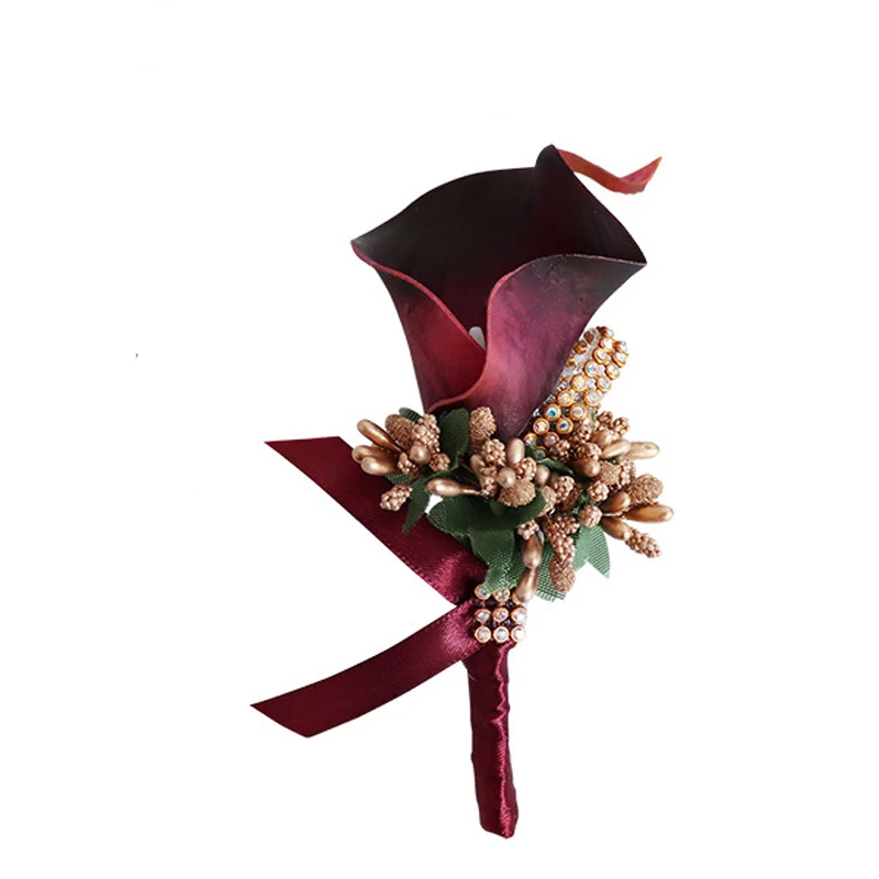 

5Pieces/Lot Wine Red Wedding Groom Groomsman Boutonniere PU Calla Lily Artificial Flower Men's Suit Brooch Party Prom Corsage