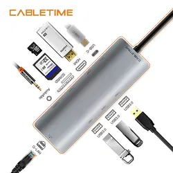 Cabletime USB HUB Кабель-Переходник USB C на HDMI RJ45 адаптер 9 в 1 Тип C USB 3,0 концентратор sdtf кард-ридер Ethernet для Galaxy S9/Note samsung N132