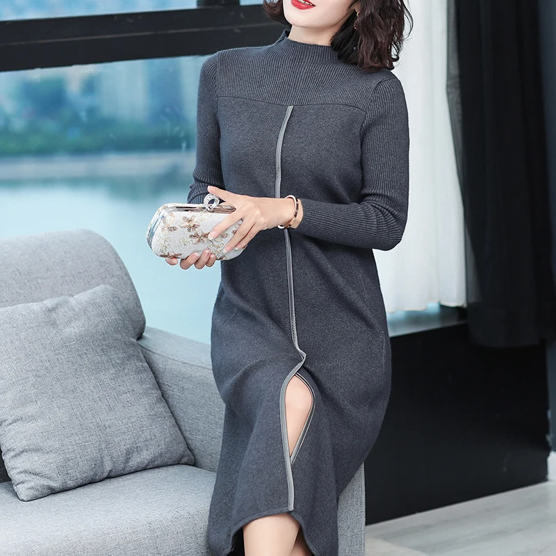 

High quality women's sweater dress autumn winter ladies split sweater long sweater pullovers