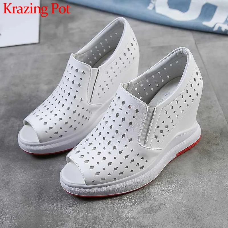 

Krazing Pot fashion leisure new genuine leather slip on peep toe increased sneaker summer hollow breathable vulcanized shoes L27