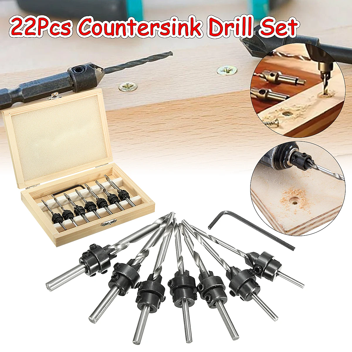 

22PCS Countersink Drill Bits Set Tapered Stop Collar Wood Hole Screw Kit