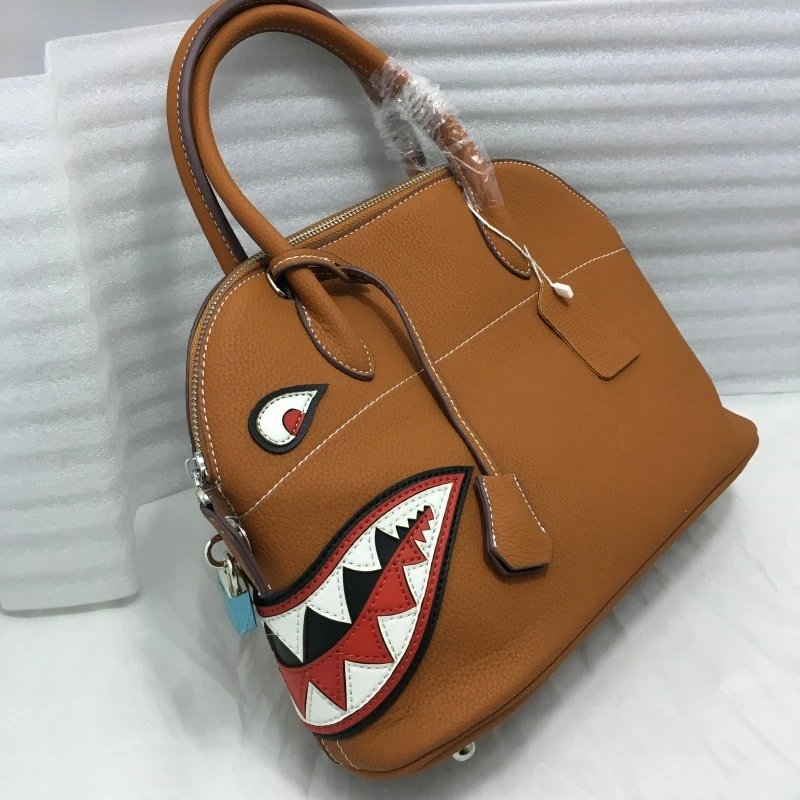 

High-quality female PU leather handbag cartoon shark model zipper large-capacity women wide shoulder bag 30CM with two shoulder