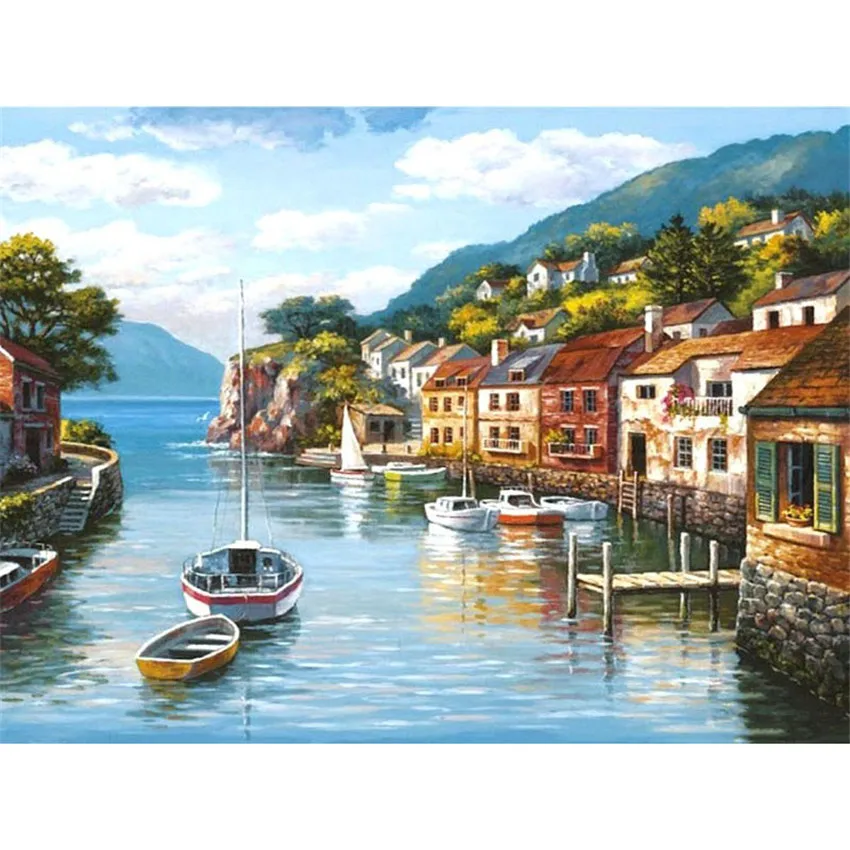 

DIY Digital Painting By Numbers Package The boat town oil painting mural Kits Coloring Wall Art Picture Gift frameless
