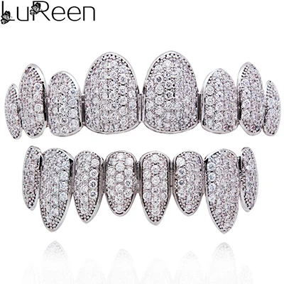 LuReen Iced Out Grillz Vampire Fangs Grillz Top Bottom Gold Teeth Hip Hop Tooth Caps CZ Crystal Bling Grillz Rapper Jewelry silver set