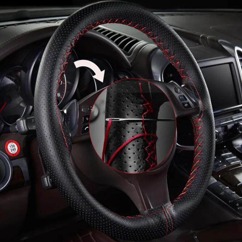 38CM Car Steering Cover DIY Steering Wheel Covers Soft Leather Braid Design With Needle and Thread For Vw Kia Lada Renault 38CM Car Steering Cover DIY Steering Wheel Covers Soft Leather Braid Design With Needle and Thread For Vw Kia Lada Renault
