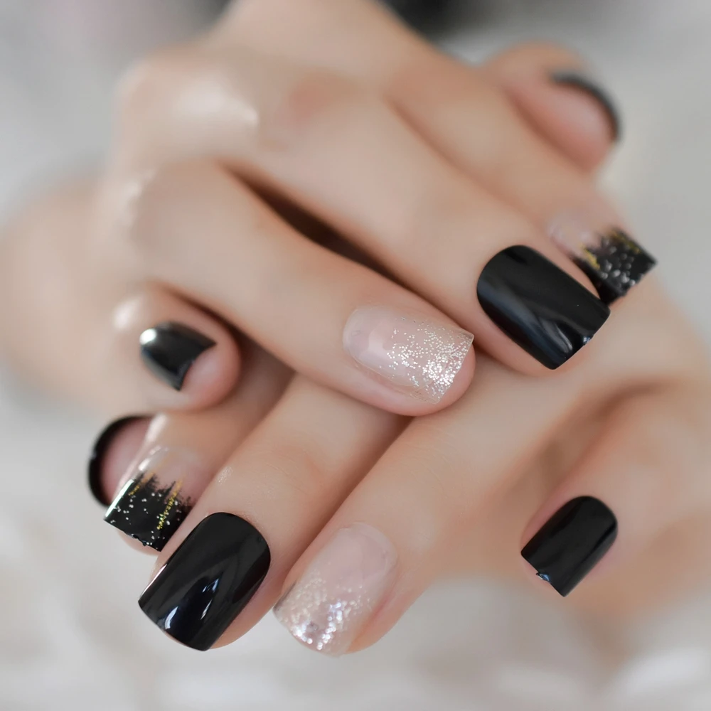 

Glitter French Clear Nails Short Square Fake Nails Splash Black Pre-designed Nails Press On Manicure 24