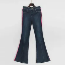 Женские джинсы, высокое качество, в полоску, тонкие, темные, хлопок, стрейч, деним, расклешенные брюки, женские джинсы, для женщин, новое поступление