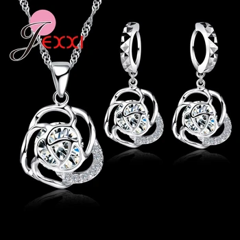 

Hot Sale New Arrival 925 Sterling Silver Jewelry Set Cubic ia Rose Pendant Necklace And Earring Set Free Shipping