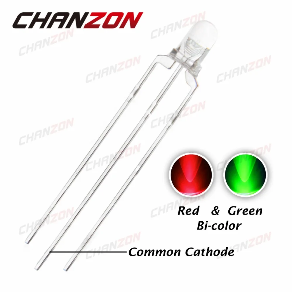 

CHANZON 100pcs 3mm LED Diode Green And Red Dual Color Common Cathode Transparent Round 3 mm Bi-Color Light-Emitting Diode Light
