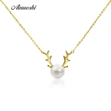 AINUOSHI 18 К желтое золото натуральный культивированный пресноводный жемчуг милый олень жемчужное ожерелье кулон женское звено цепи Рождественский олень подарок