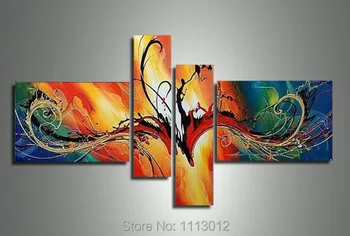 

Yellow New Modern Picture for Living Room Line Peacock Flower Oil Painting On Canvas 4 Panel Arts Sets Home Abstract Wall Decor