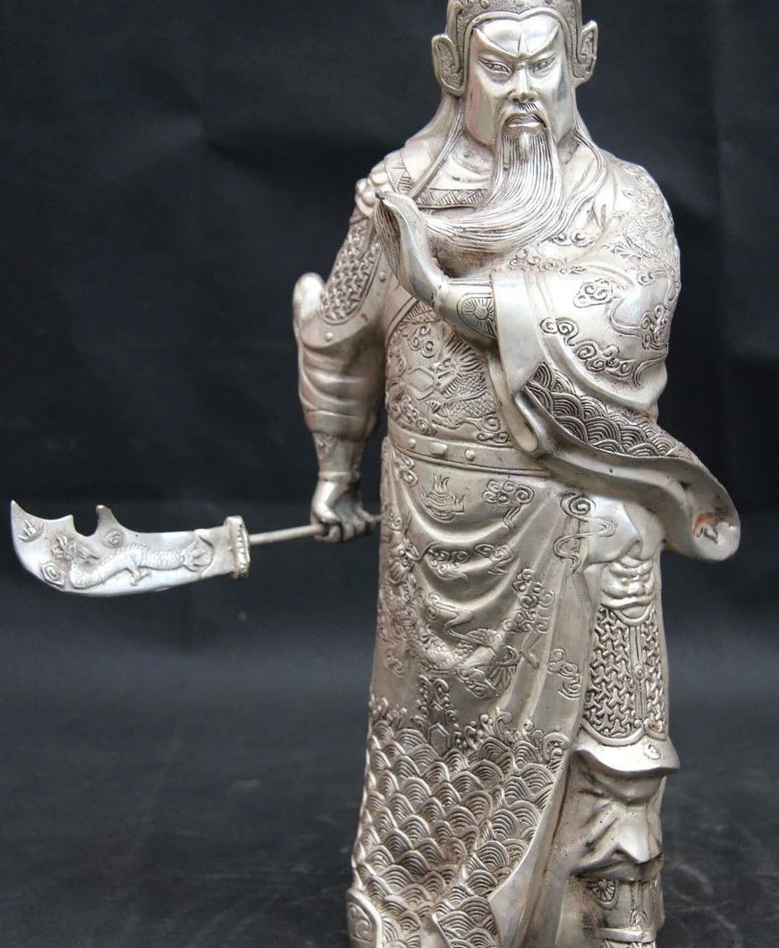

China White Copper Silver Sculpture Dragon Guan Gong Guan Yu Buddha God Statue