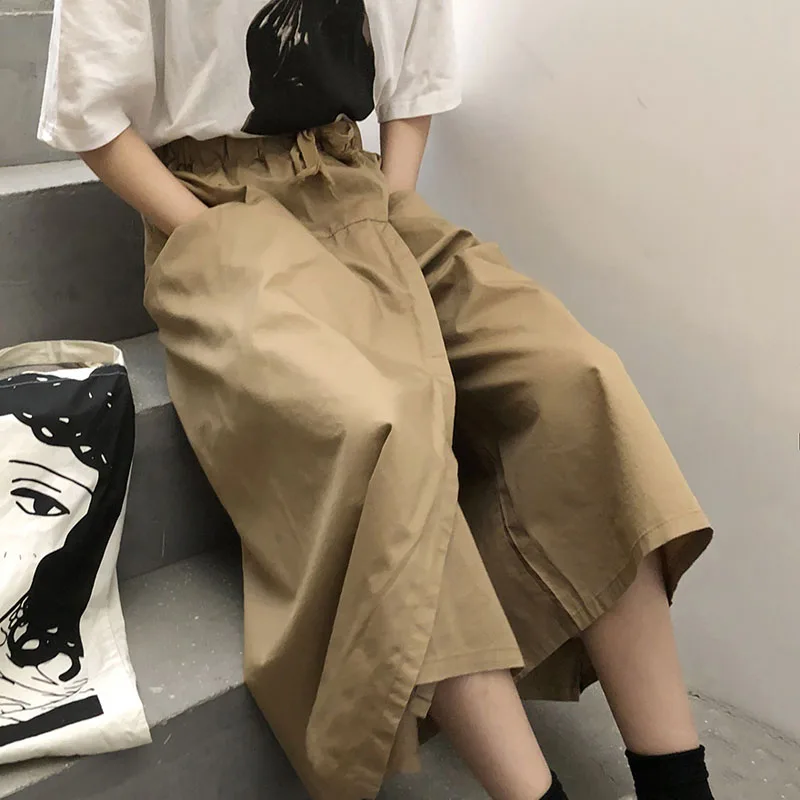 

2019 Summer women's loose high waist cargo leg pants Korean chic casual fashion wild wide leg seven points skirt pants bf tide