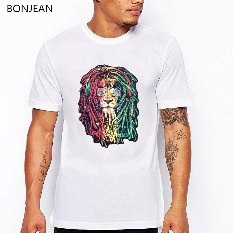 

New Summer Fashion Men tshirts Lion Cat with dreadlocks animal Print T-Shirt Funny t shirts homme white Casual Tops streetwear