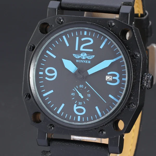 

Unique Square WINNER Reloj Mechanical Self Wind Cool Sports Men Watches with Colored Font Casual Leather Strap Hombre Montre