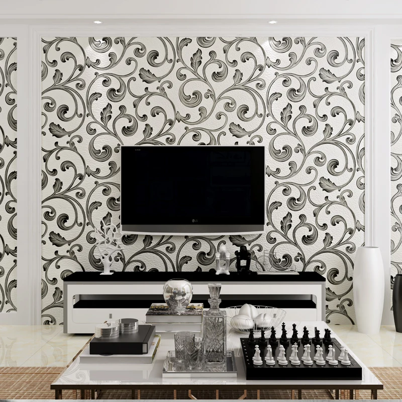 

3d papel parede White&Black Luxury Flocking Suede Acanthus Leaf 3d Wallpaper Rolls for Living Room 3d Wall paper TVBackground