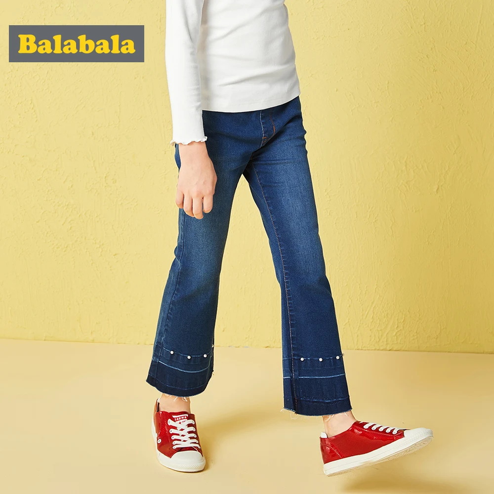 

Balabala Girls Mini Flare High Jeans in Washed Denim with Bead Teenage Girl Pull-on Jeans in Regular Fit with Elastic Waist