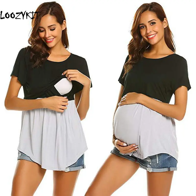 Looztkit Women Maternity T shirt Summer Breastfeeding Cloth Patchwork Nursing Top Casual Breastfeeding Pregnant T-shirt Clothes