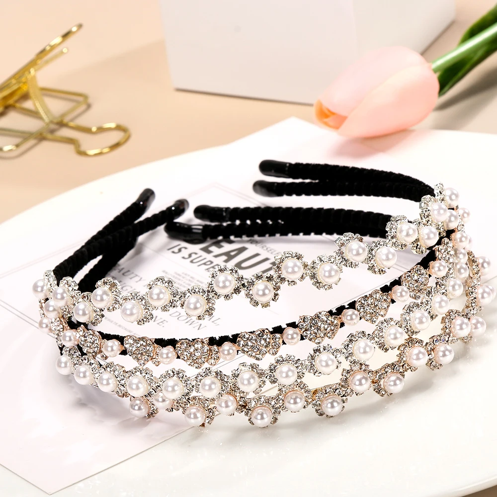 

Classic Crystal Pearl Hair Bands Headband Elegant Wedding Birthday Hair Accessories Ornaments Head Wear Hoop for Women Girls
