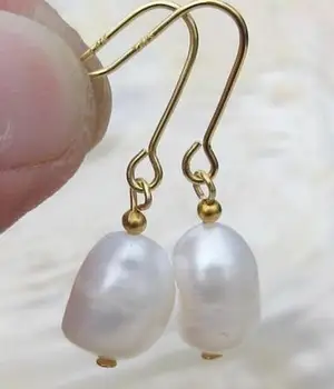 

free shipiing real photos AAA ++ 10-12mm South Sea White Baroque Pearl Earrings 14K/20 YELLOW GOLD